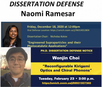 Dissertation defense banners for Naomi Ramesar and Wonjin Choi