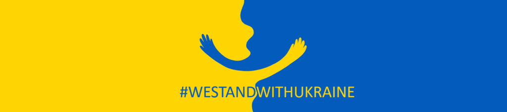 A banner with a yellow and blue arm embracing each other and the hashtag We Stand With Ukraine